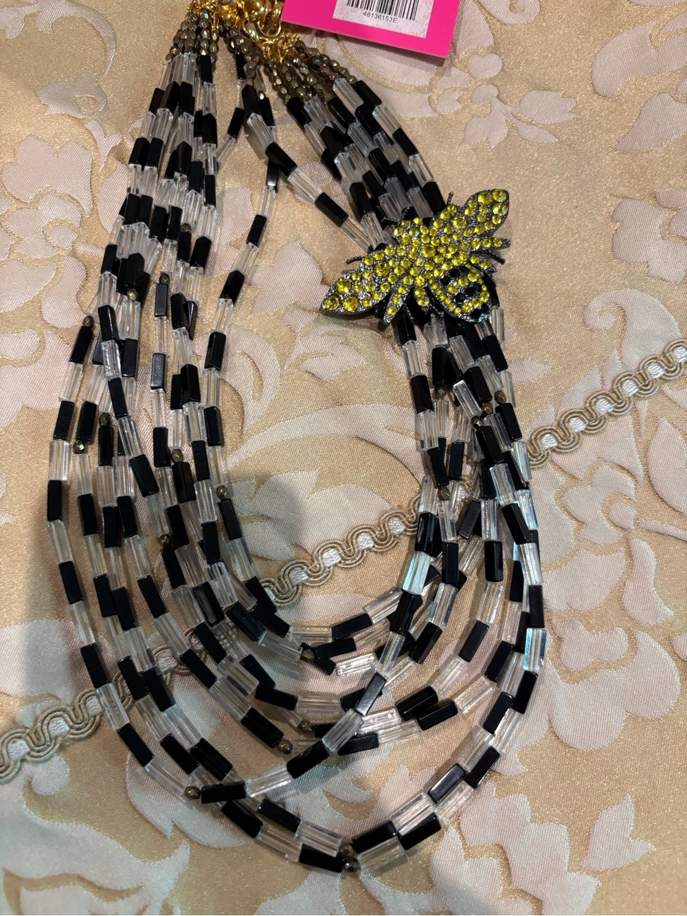 Sassy Jones Multi-Strand Black and Clear Beaded Necklace with Gold Bee Accent